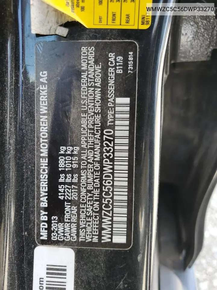 2013 Mini Cooper S Countryman VIN: WMWZC5C56DWP33270 Lot: 56804085