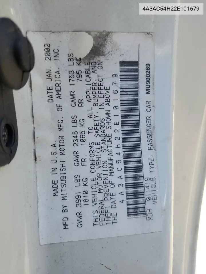 2002 Mitsubishi Eclipse Gt VIN: 4A3AC54H22E101679 Lot: 60717015