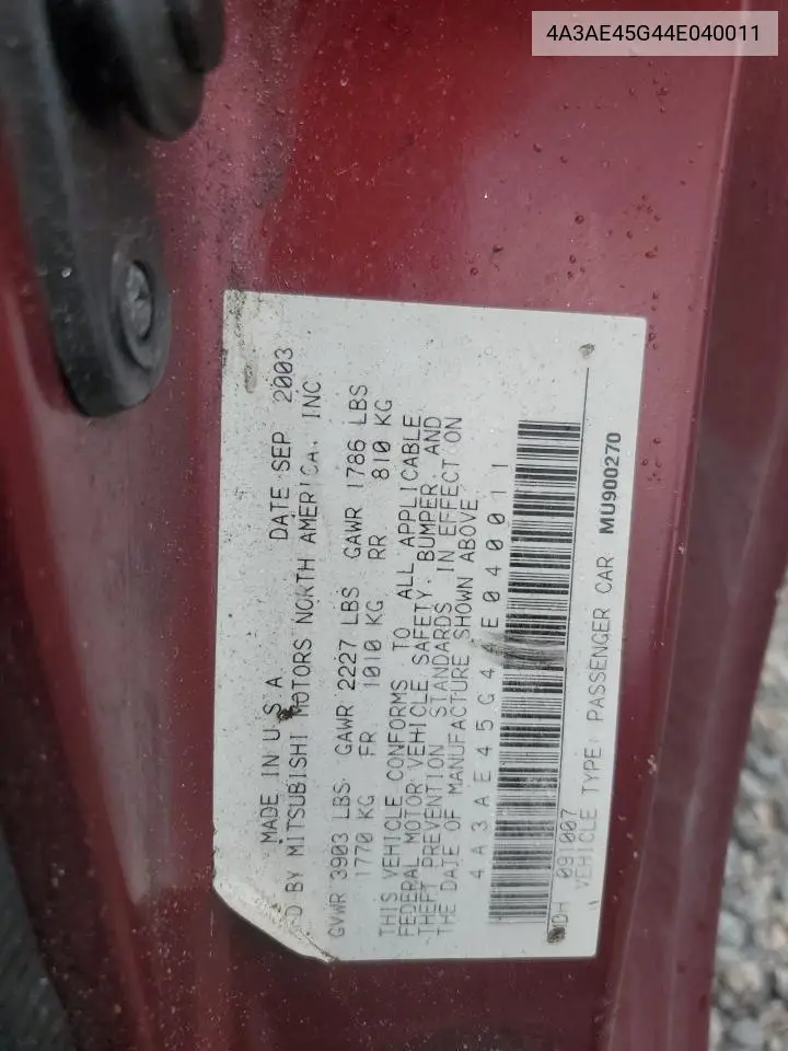 2004 Mitsubishi Eclipse Spyder Gs VIN: 4A3AE45G44E040011 Lot: 62567065