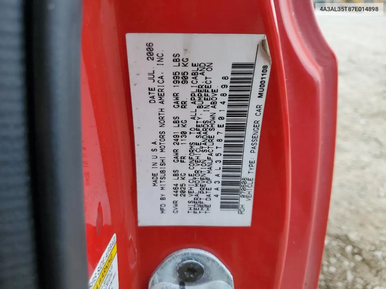 2007 Mitsubishi Eclipse Spyder Gt VIN: 4A3AL35T87E014898 Lot: 55950305