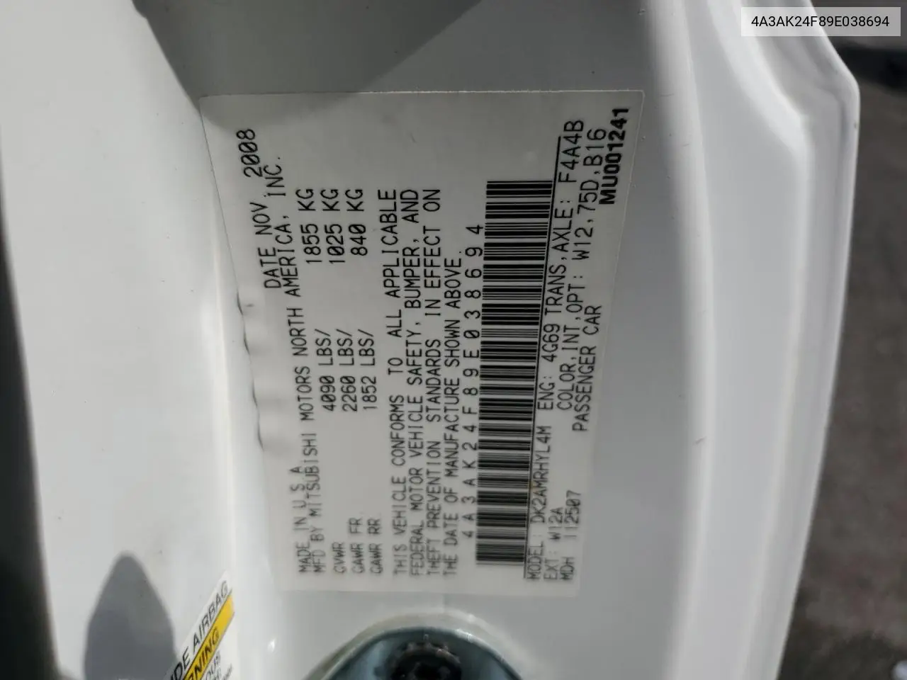 2009 Mitsubishi Eclipse Gs VIN: 4A3AK24F89E038694 Lot: 54579525