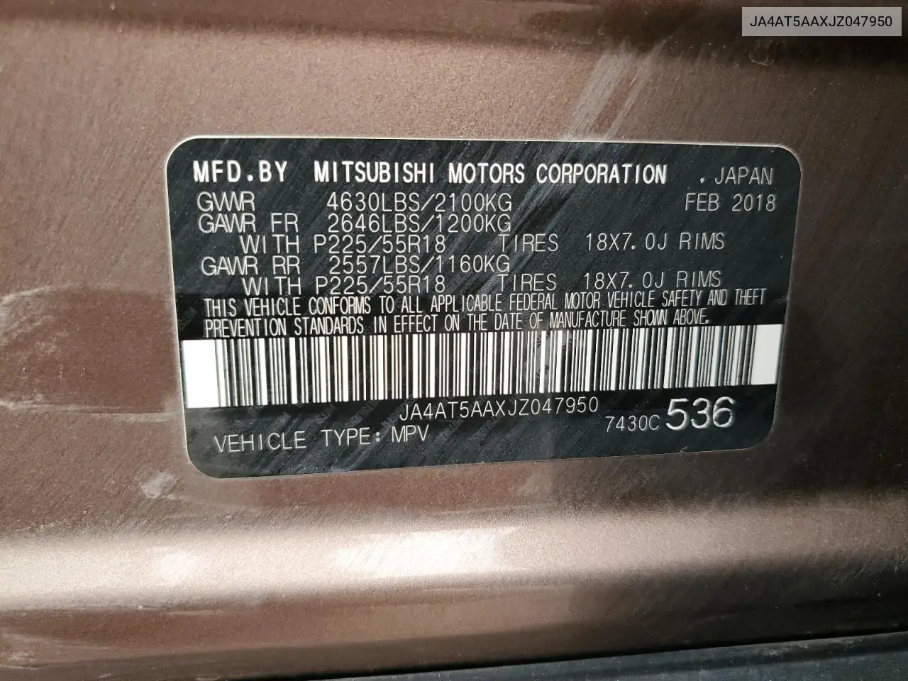 2018 Mitsubishi Eclipse Cross Se VIN: JA4AT5AAXJZ047950 Lot: 56974775