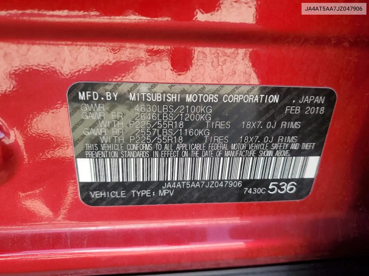 2018 Mitsubishi Eclipse Cross Se VIN: JA4AT5AA7JZ047906 Lot: 57755285