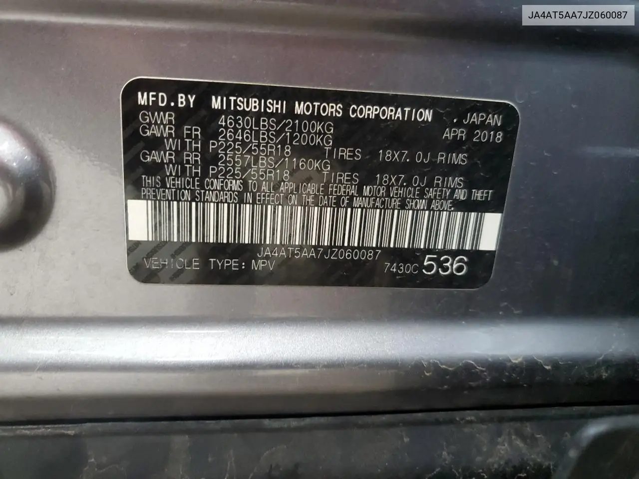 2018 Mitsubishi Eclipse Cross Se VIN: JA4AT5AA7JZ060087 Lot: 62706525