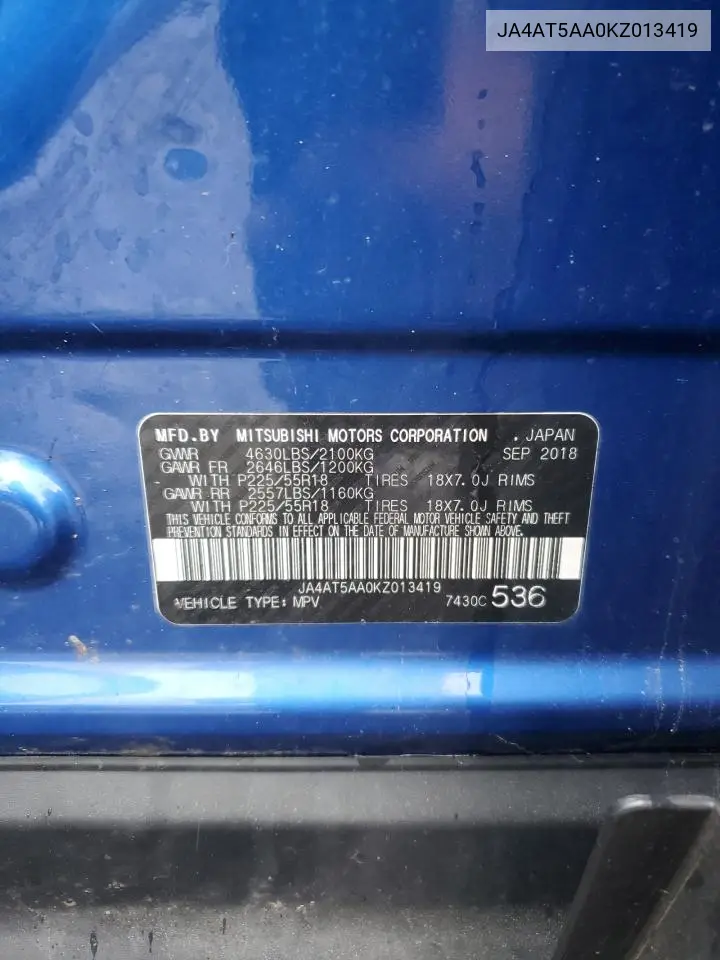 2019 Mitsubishi Eclipse Cross Se VIN: JA4AT5AA0KZ013419 Lot: 56673625
