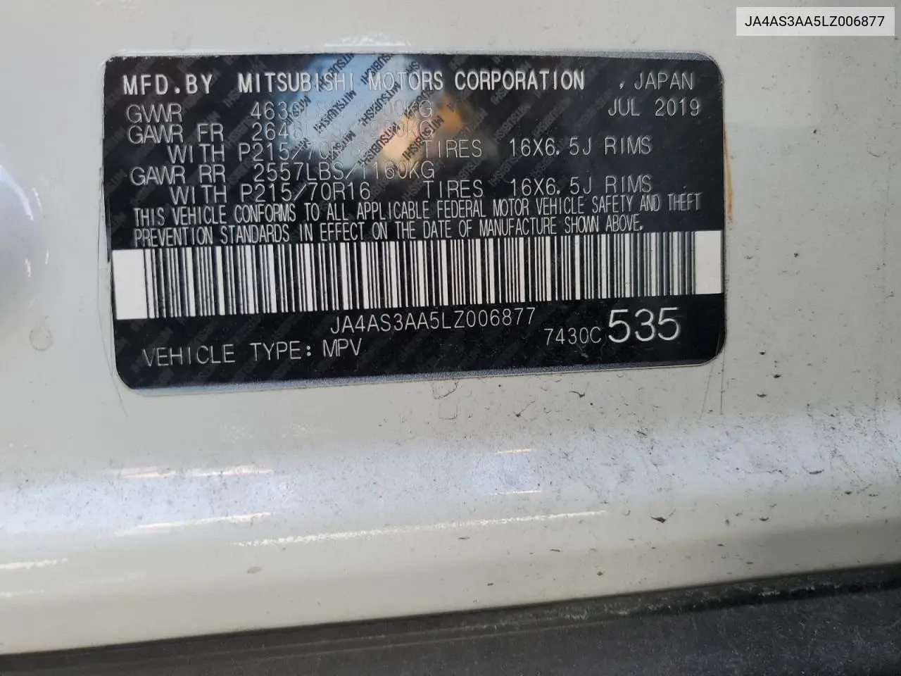 2020 Mitsubishi Eclipse Cross Es VIN: JA4AS3AA5LZ006877 Lot: 56543935