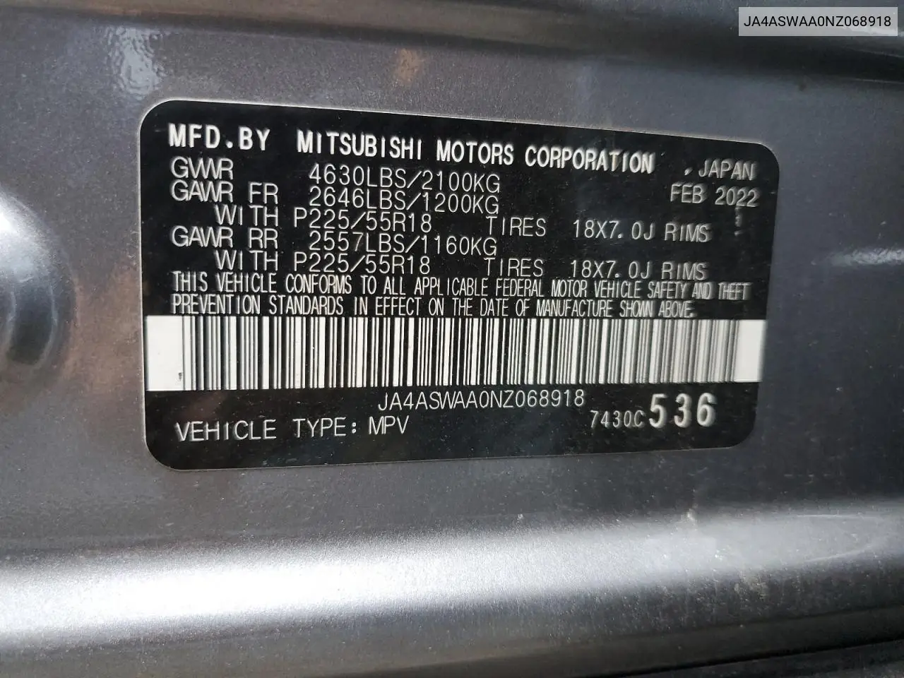 2022 Mitsubishi Eclipse Cross Se VIN: JA4ASWAA0NZ068918 Lot: 54746805