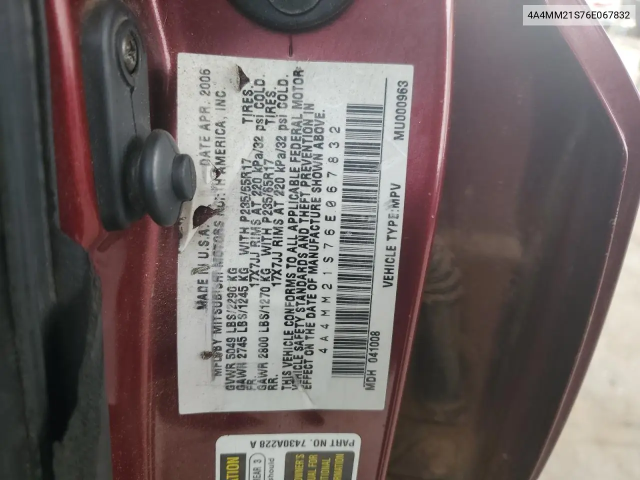 2006 Mitsubishi Endeavor Ls VIN: 4A4MM21S76E067832 Lot: 56242375