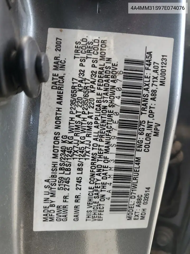 2007 Mitsubishi Endeavor Se VIN: 4A4MM31S97E074076 Lot: 57896615