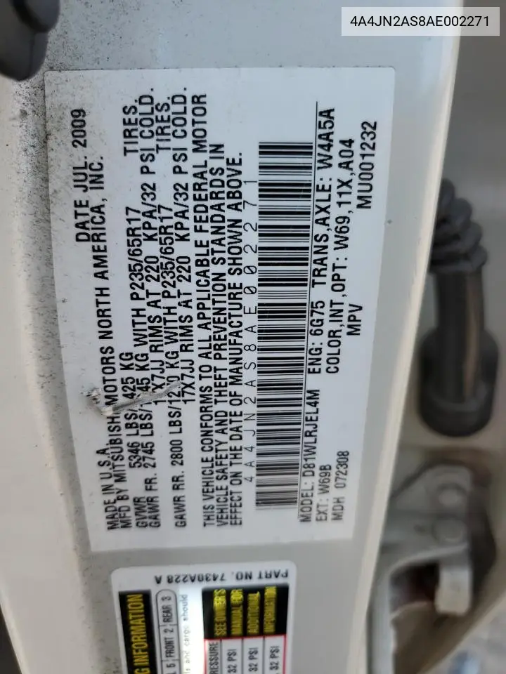 2010 Mitsubishi Endeavor Ls VIN: 4A4JN2AS8AE002271 Lot: 59662735