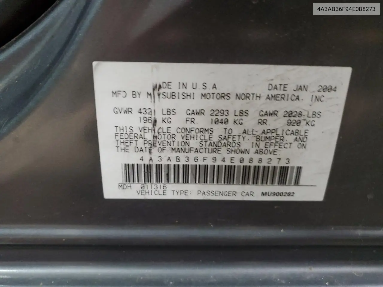 2004 Mitsubishi Galant Es Medium VIN: 4A3AB36F94E088273 Lot: 60235225