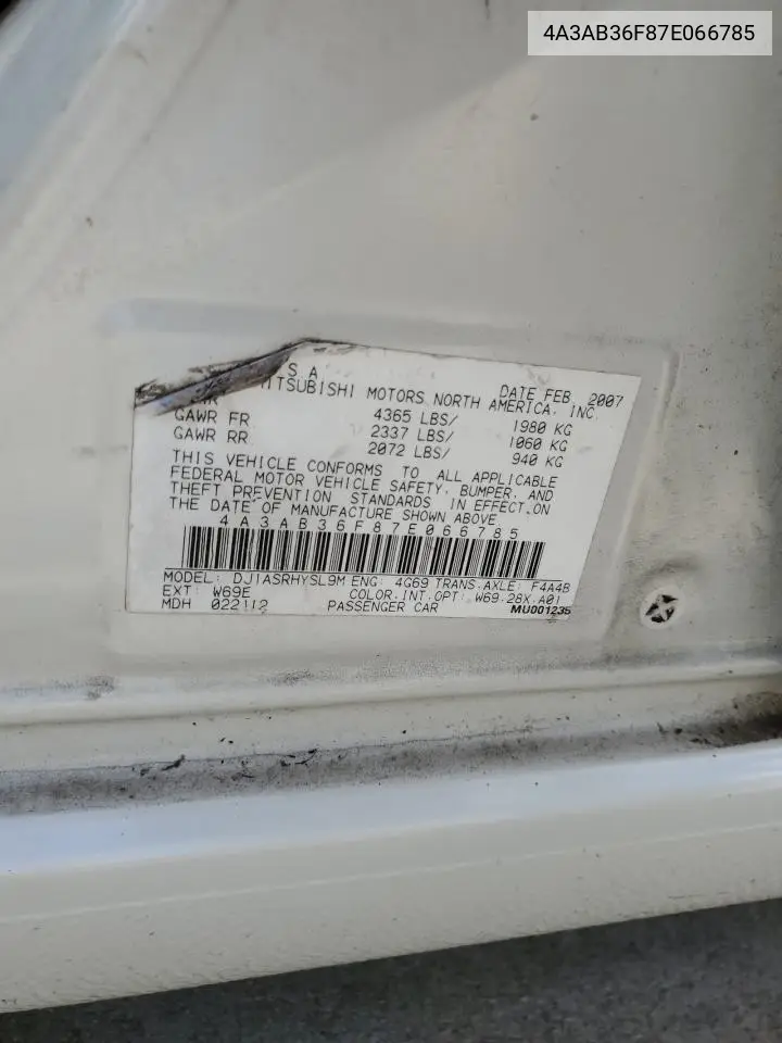 2007 Mitsubishi Galant Es VIN: 4A3AB36F87E066785 Lot: 61343885