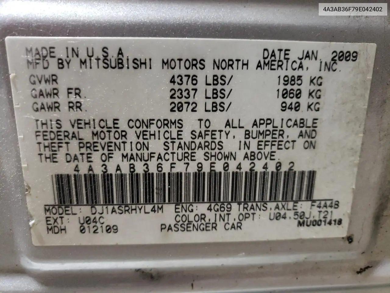 2009 Mitsubishi Galant Es VIN: 4A3AB36F79E042402 Lot: 59656205