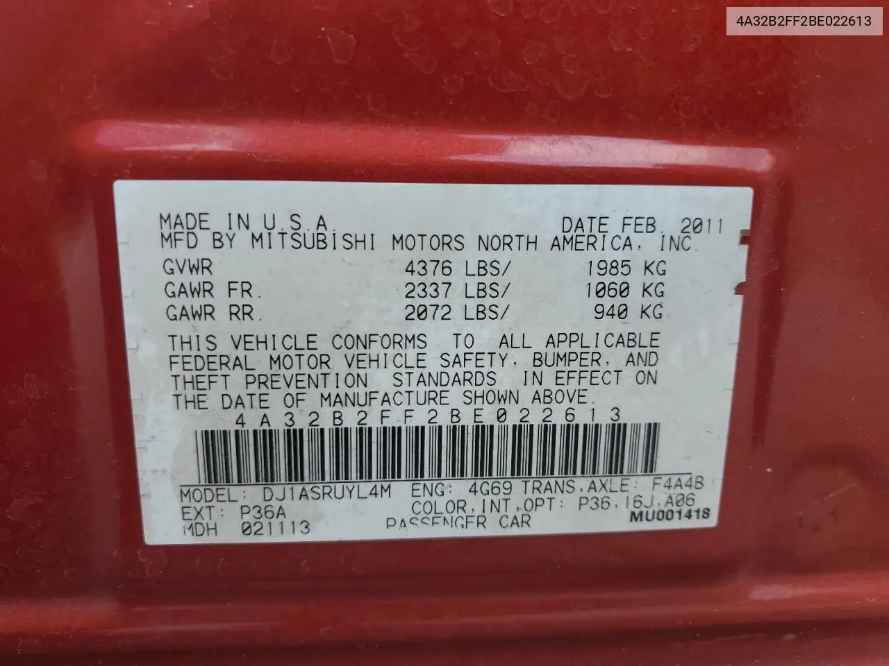 2011 Mitsubishi Galant Fe VIN: 4A32B2FF2BE022613 Lot: 60908585