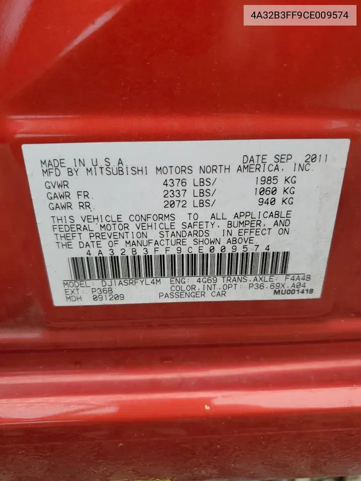 2012 Mitsubishi Galant Es VIN: 4A32B3FF9CE009574 Lot: 62173875