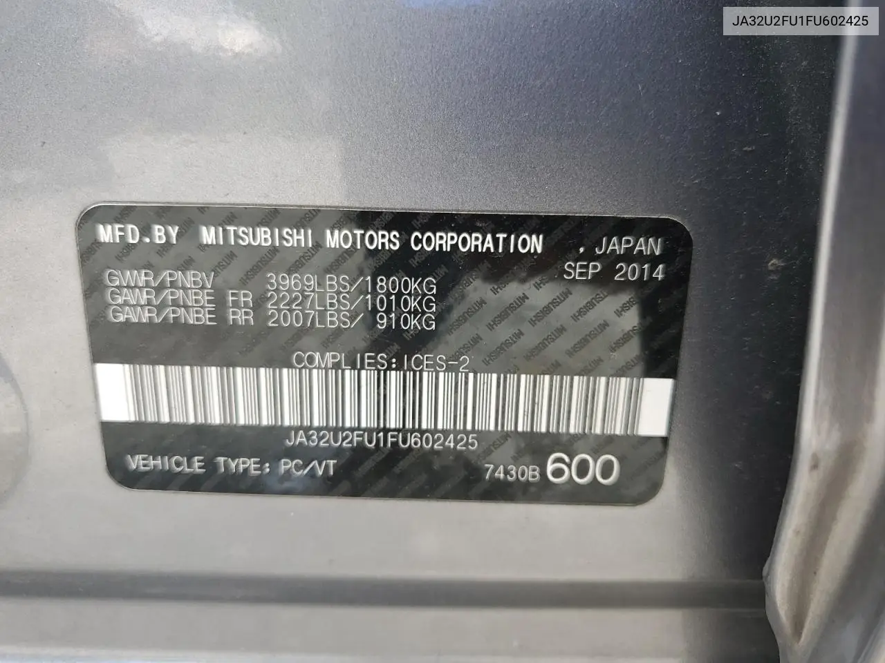 2015 Mitsubishi Lancer Es VIN: JA32U2FU1FU602425 Lot: 61501335