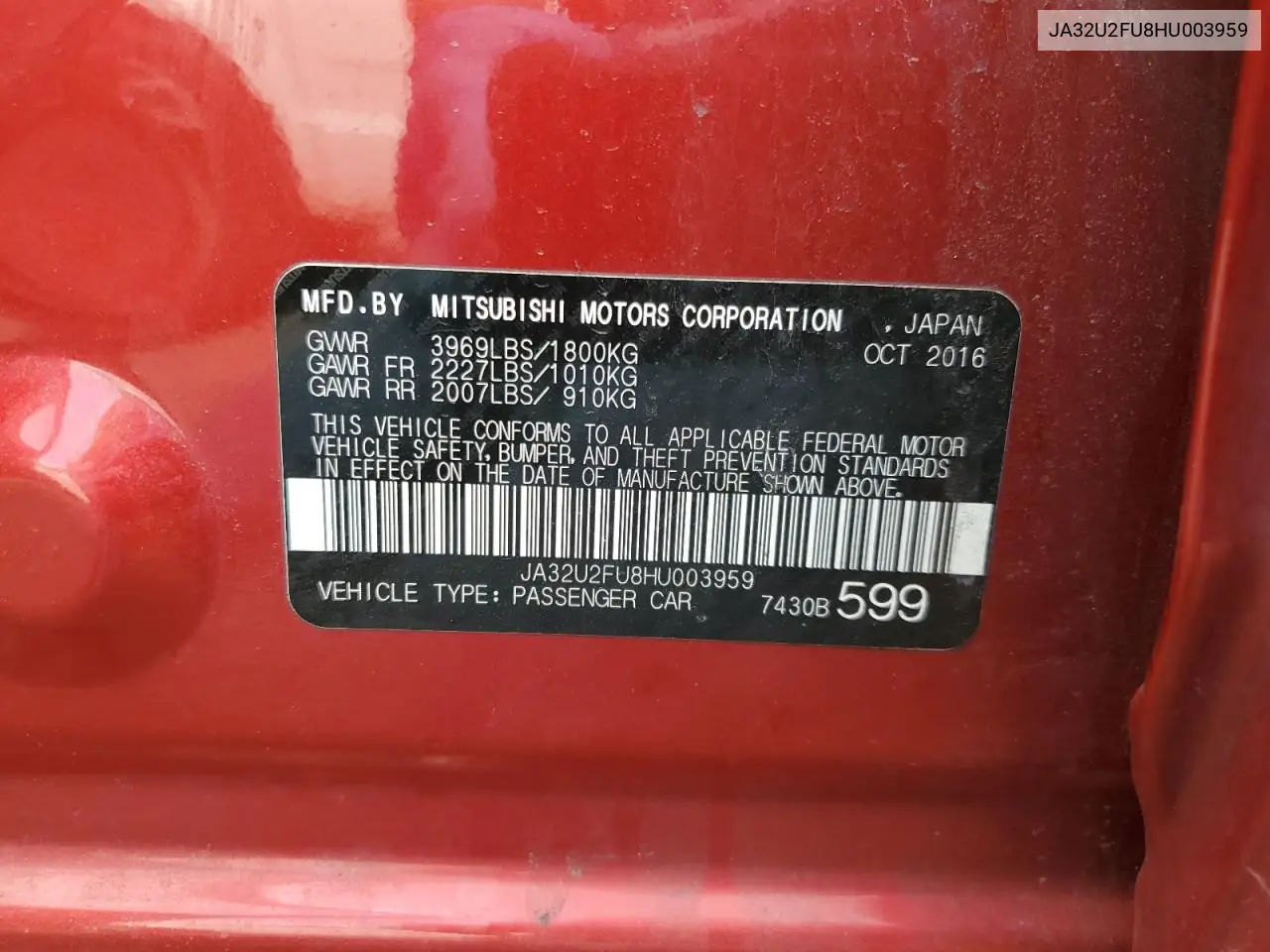 2017 Mitsubishi Lancer Es VIN: JA32U2FU8HU003959 Lot: 54561025