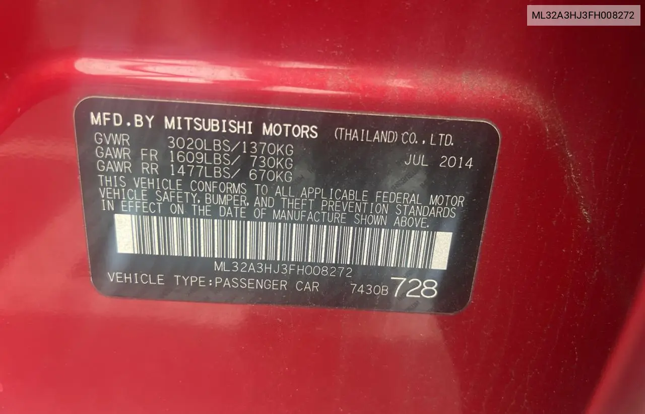 2015 Mitsubishi Mirage De VIN: ML32A3HJ3FH008272 Lot: 62955915