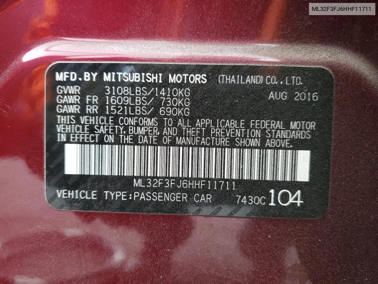 2017 Mitsubishi Mirage G4 Es VIN: ML32F3FJ6HHF11711 Lot: 62518825