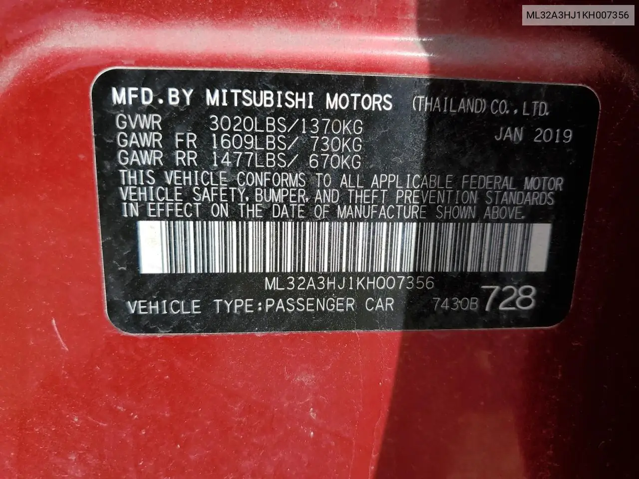 2019 Mitsubishi Mirage Es VIN: ML32A3HJ1KH007356 Lot: 56493165