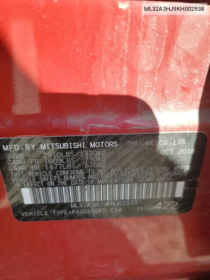 2019 Mitsubishi Mirage Es VIN: ML32A3HJ9KH002938 Lot: 56555945