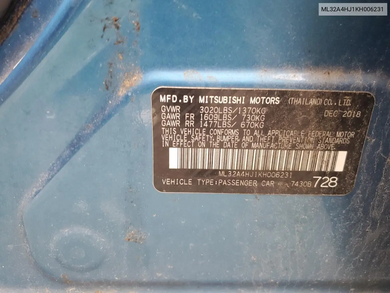 2019 Mitsubishi Mirage Se VIN: ML32A4HJ1KH006231 Lot: 62667235
