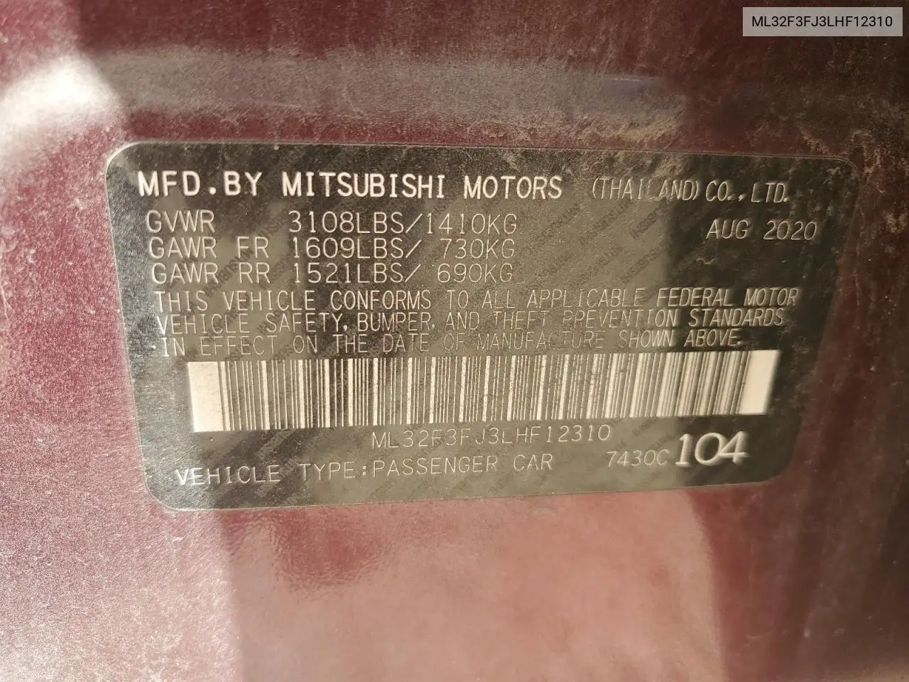2020 Mitsubishi Mirage G4 Es VIN: ML32F3FJ3LHF12310 Lot: 48475965