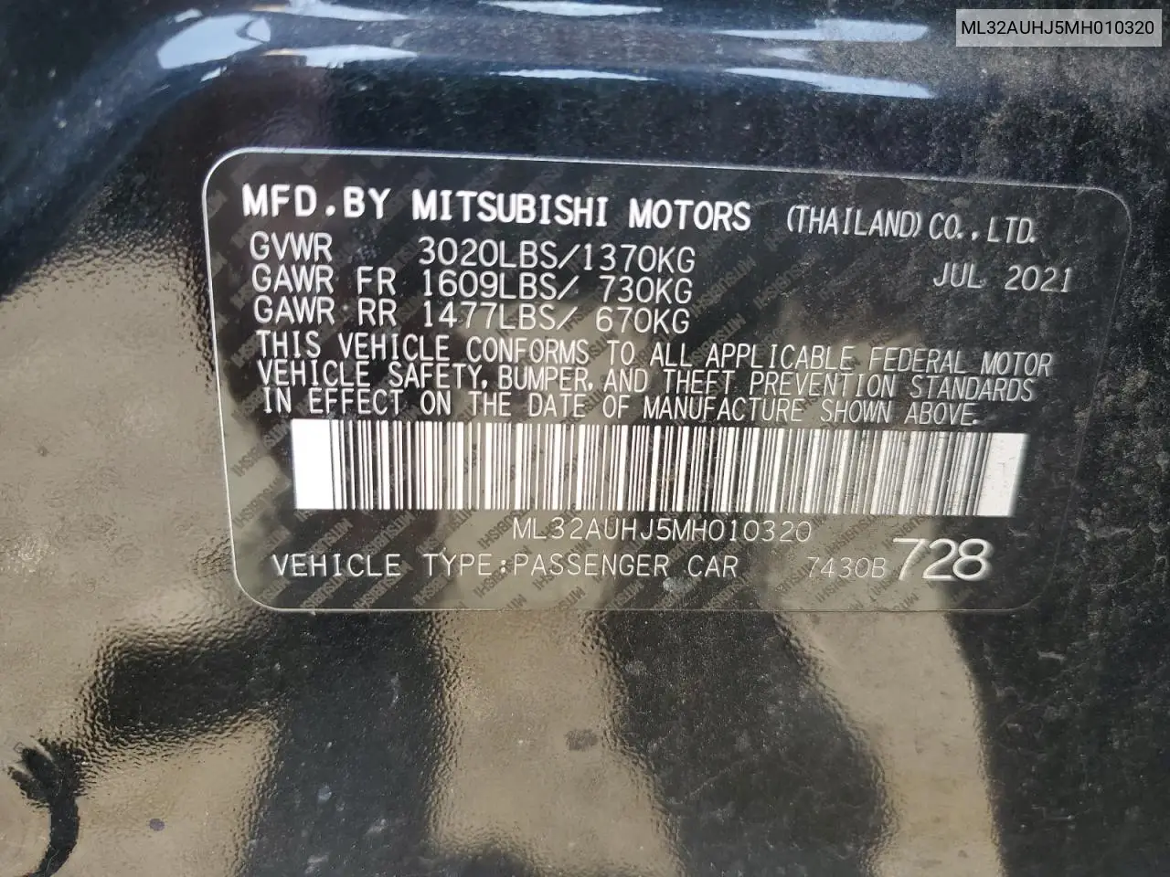 2021 Mitsubishi Mirage Es VIN: ML32AUHJ5MH010320 Lot: 62084045