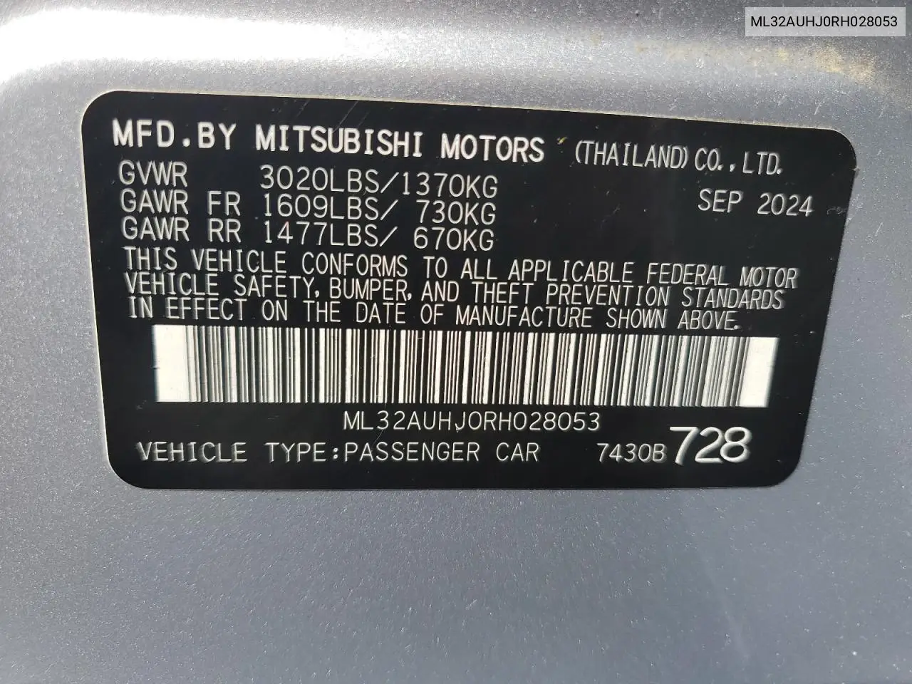 2024 Mitsubishi Mirage Es VIN: ML32AUHJ0RH028053 Lot: 62506275