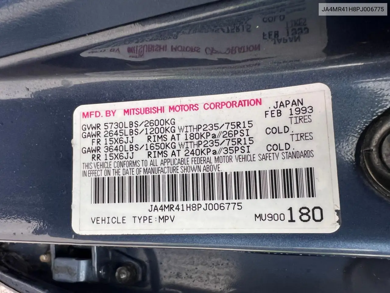 1993 Mitsubishi Montero Rs VIN: JA4MR41H8PJ006775 Lot: 54094495