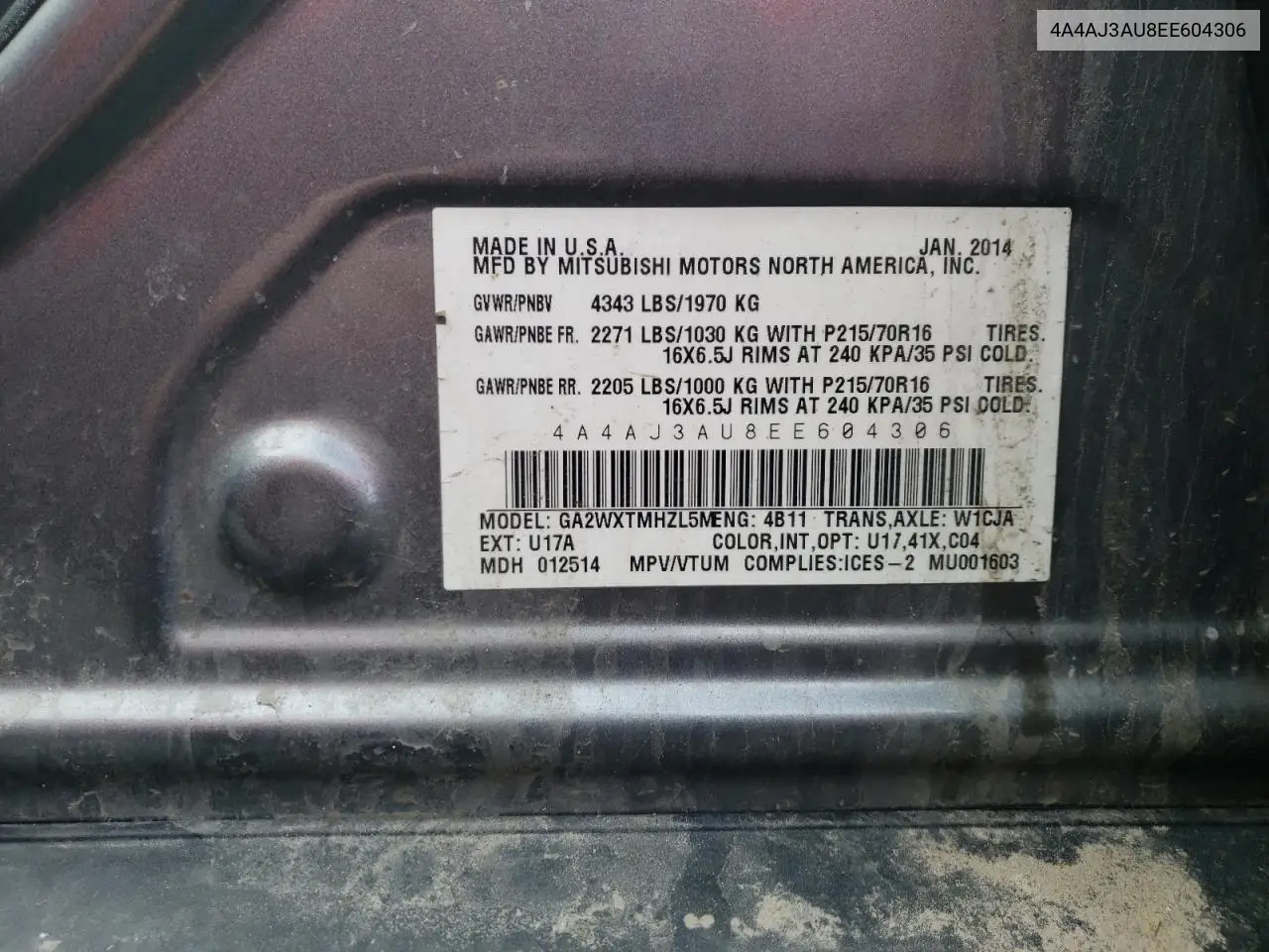 2014 Mitsubishi Rvr Se VIN: 4A4AJ3AU8EE604306 Lot: 53302015