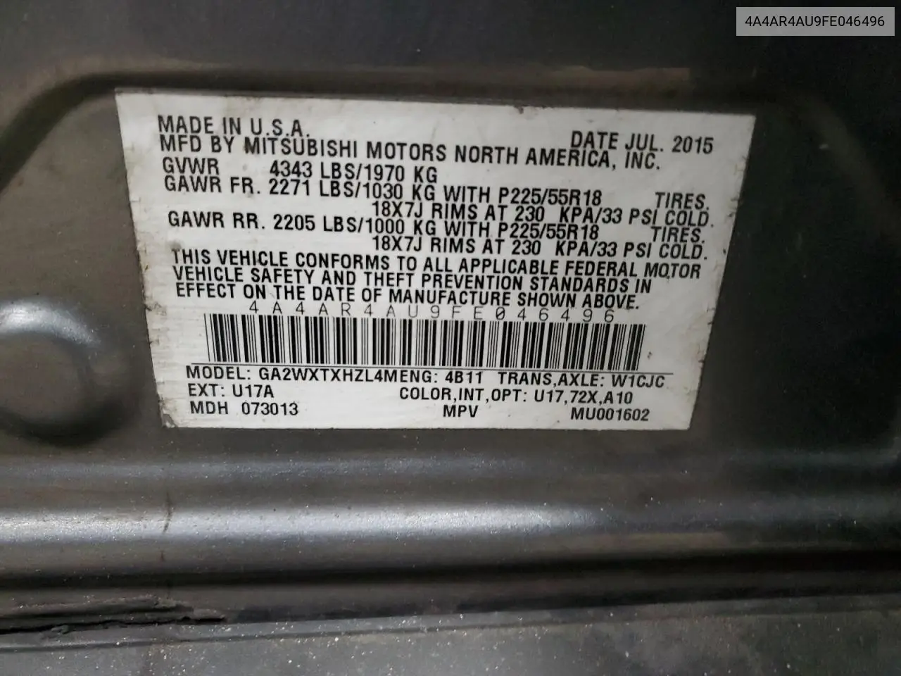 2015 Mitsubishi Outlander Sport Se VIN: 4A4AR4AU9FE046496 Lot: 82861644