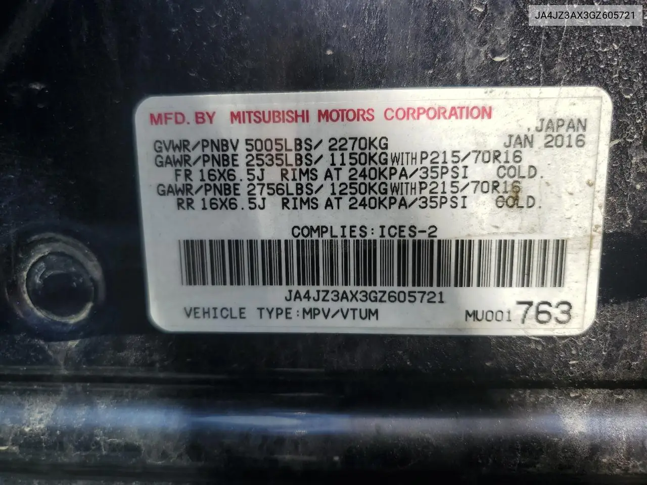 2016 Mitsubishi Outlander Se VIN: JA4JZ3AX3GZ605721 Lot: 61565185