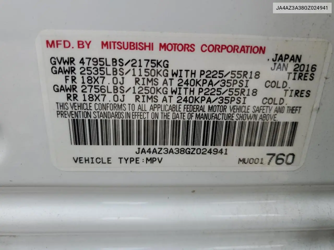 2016 Mitsubishi Outlander Se VIN: JA4AZ3A38GZ024941 Lot: 62768035