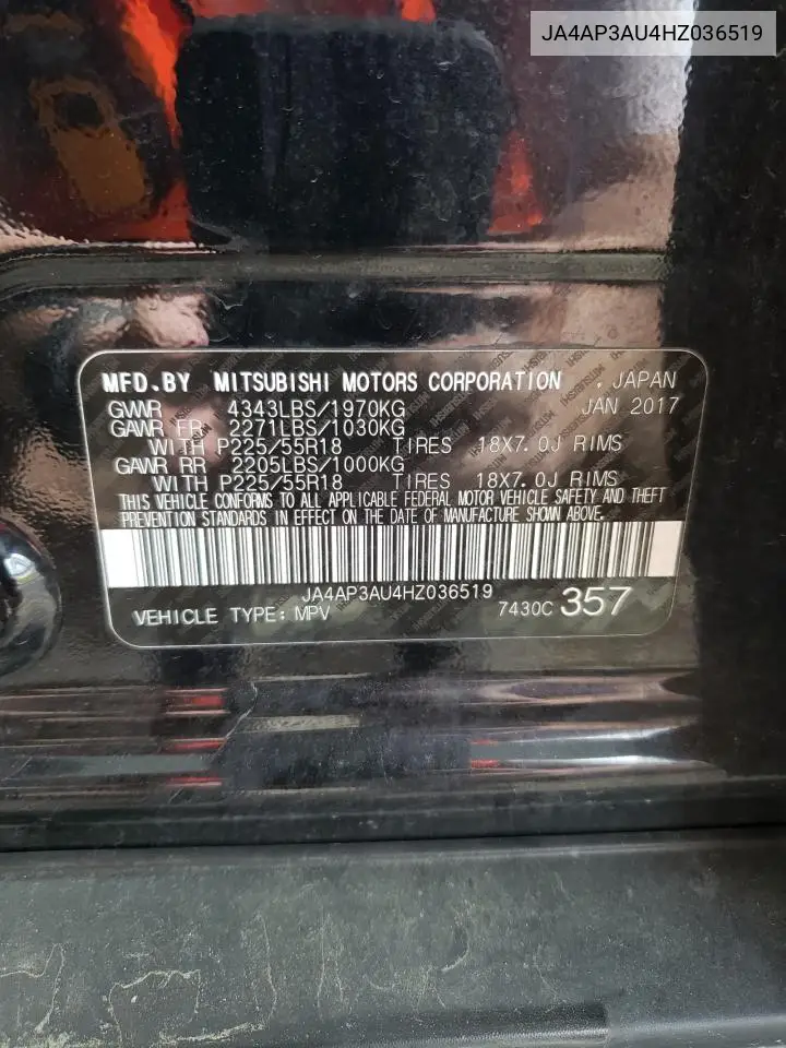 2017 Mitsubishi Outlander Sport Es VIN: JA4AP3AU4HZ036519 Lot: 56506095