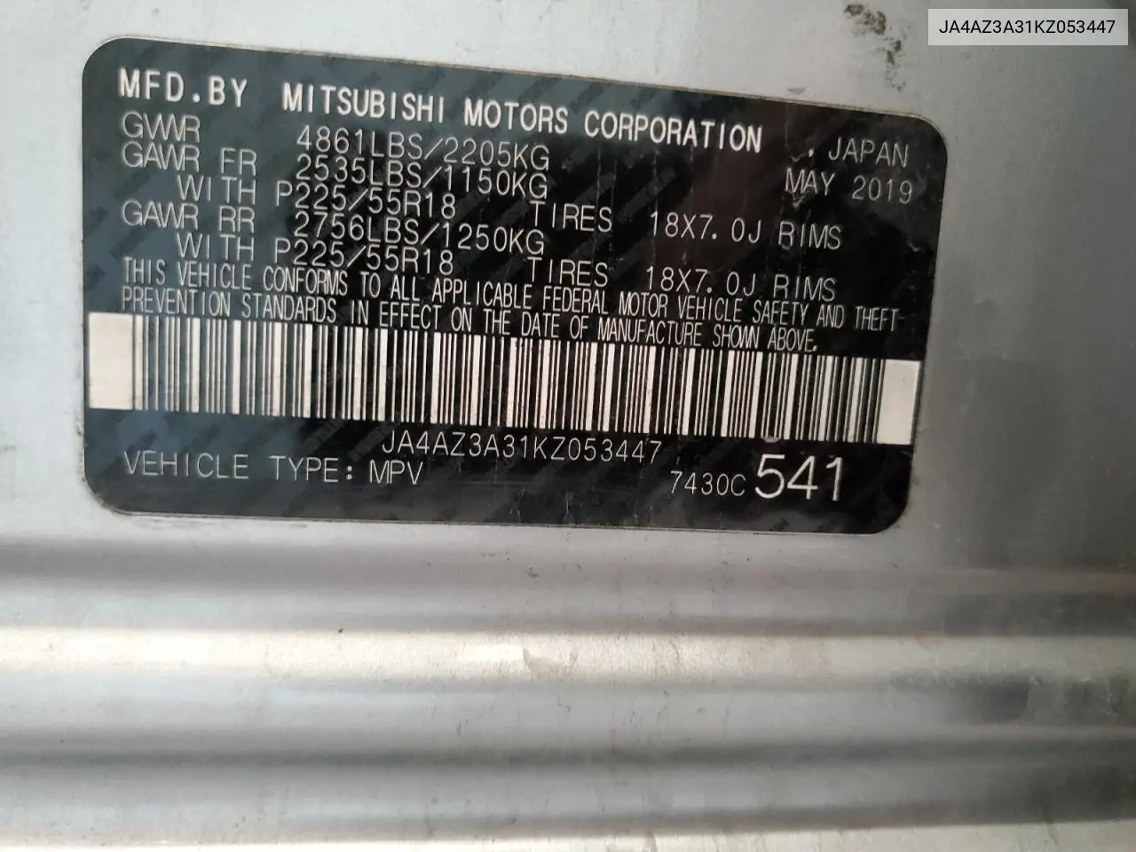 2019 Mitsubishi Outlander Se VIN: JA4AZ3A31KZ053447 Lot: 62017165