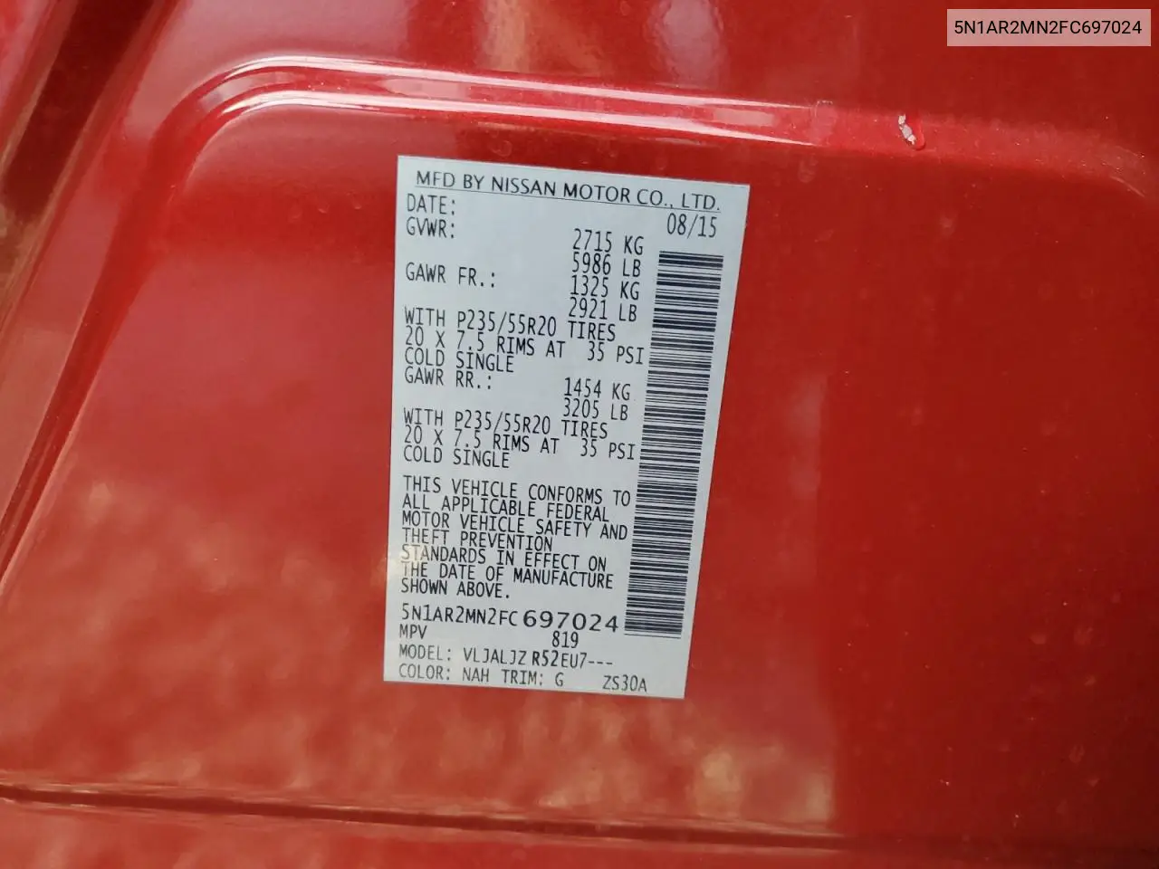 2015 Nissan Pathfinder S VIN: 5N1AR2MN2FC697024 Lot: 61791855