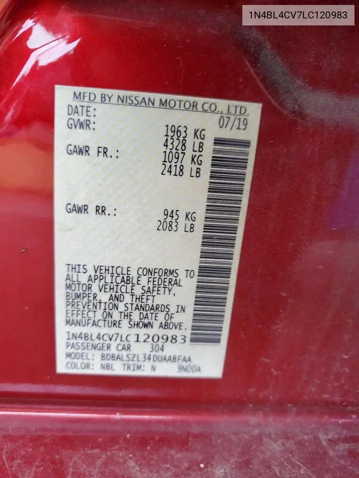 2020 Nissan Altima Sr VIN: 1N4BL4CV7LC120983 Lot: 62361075