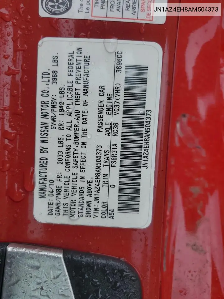 2010 Nissan 370Z VIN: JN1AZ4EH8AM504373 Lot: 63365365