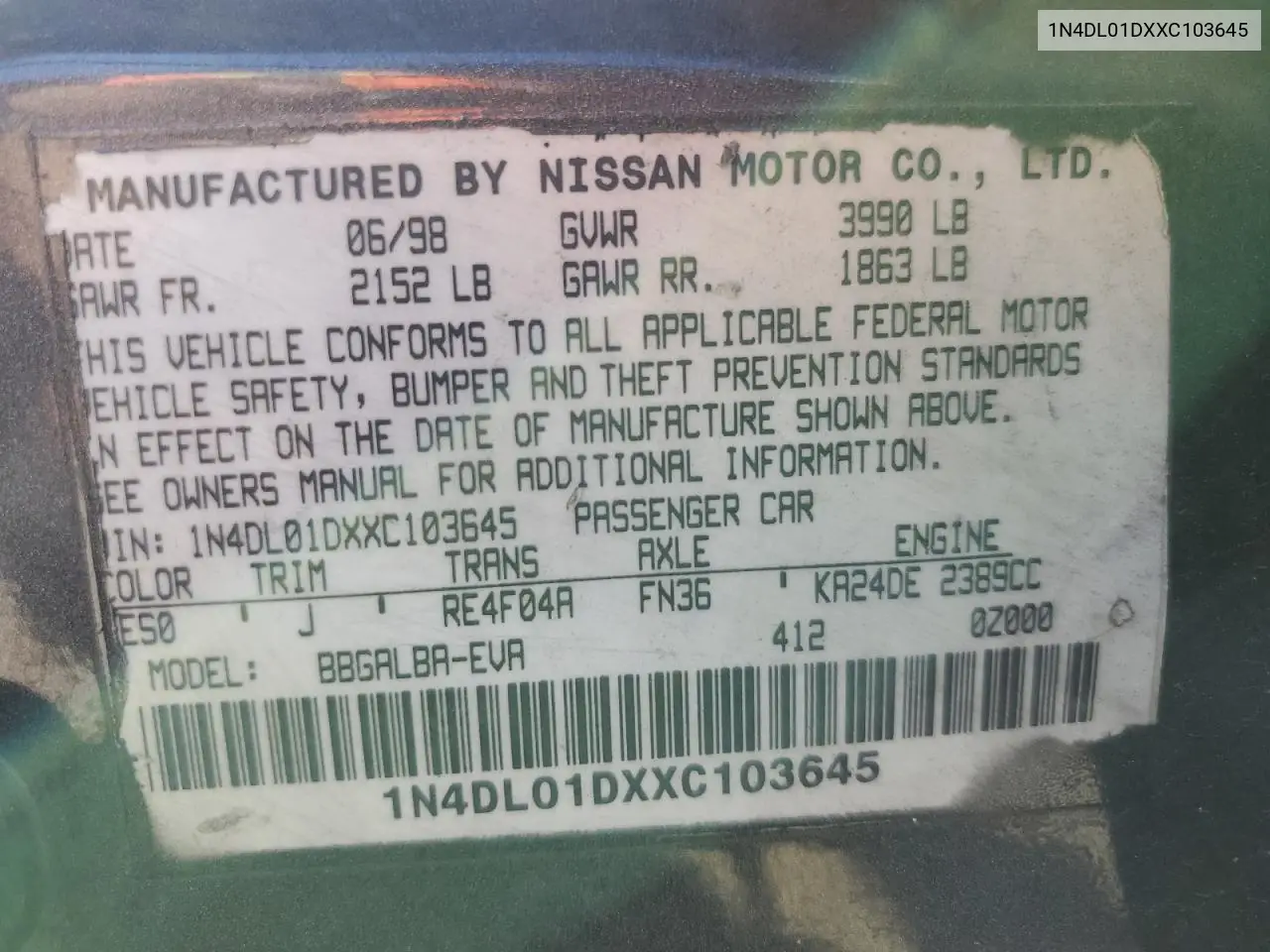 1999 Nissan Altima Xe VIN: 1N4DL01DXXC103645 Lot: 52984535