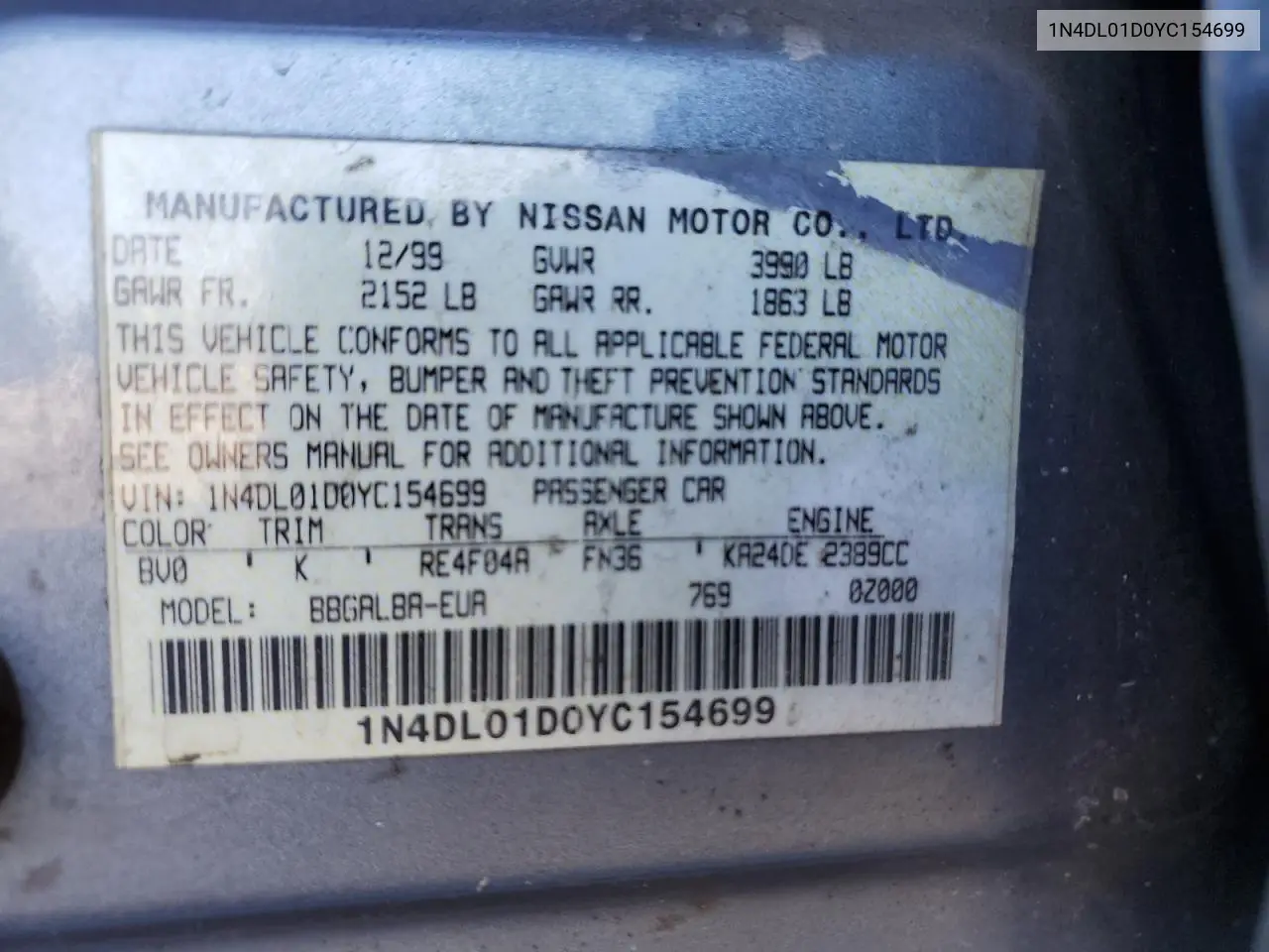 2000 Nissan Altima Xe VIN: 1N4DL01D0YC154699 Lot: 44737265