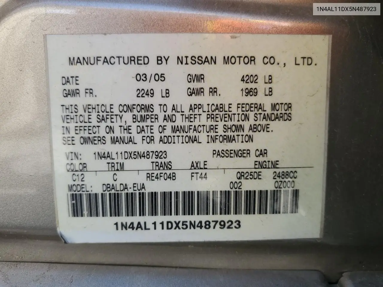 2005 Nissan Altima S VIN: 1N4AL11DX5N487923 Lot: 54387365
