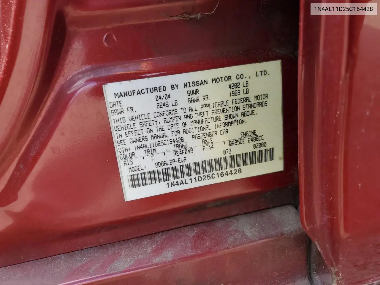2005 Nissan Altima S VIN: 1N4AL11D25C164428 Lot: 56904475