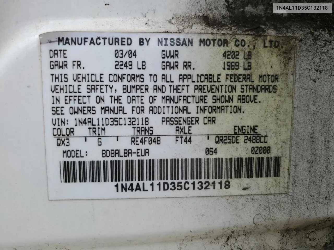2005 Nissan Altima S VIN: 1N4AL11D35C132118 Lot: 62422855