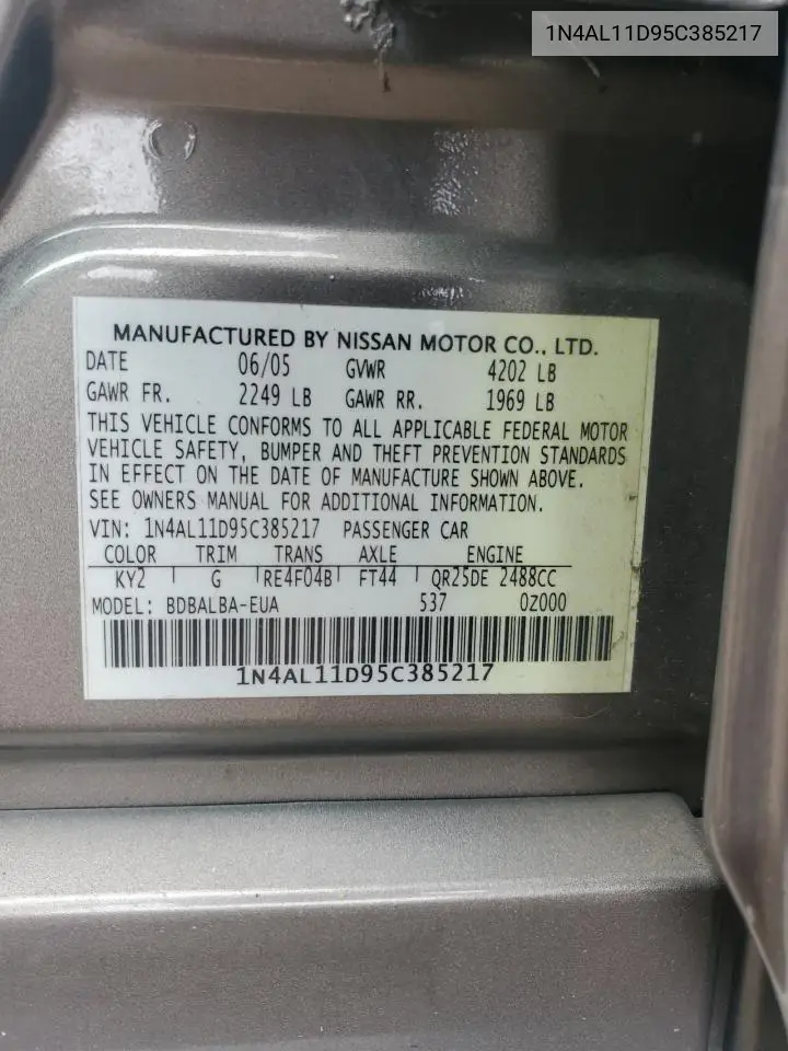 2005 Nissan Altima S VIN: 1N4AL11D95C385217 Lot: 62648815