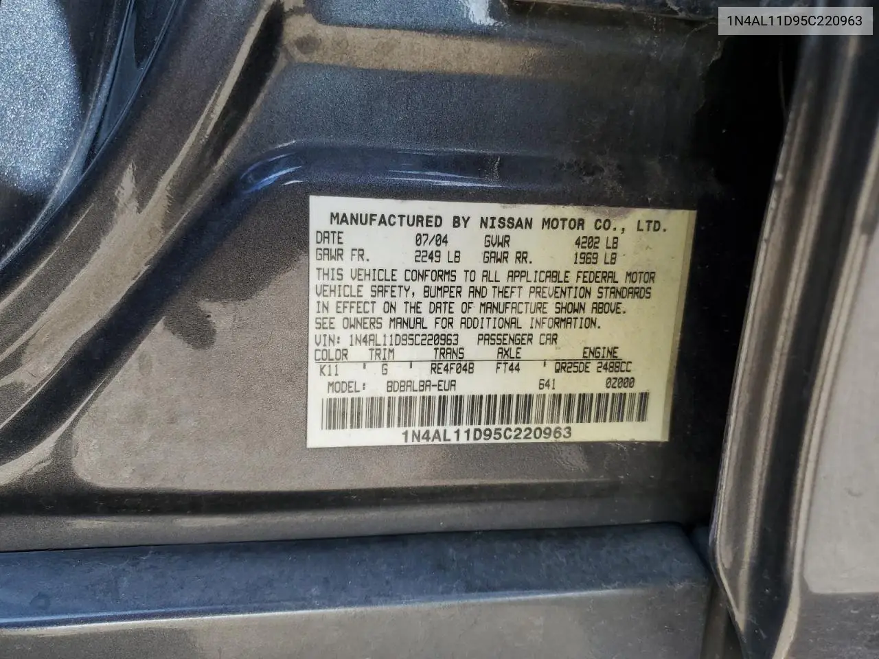 2005 Nissan Altima S VIN: 1N4AL11D95C220963 Lot: 62789485