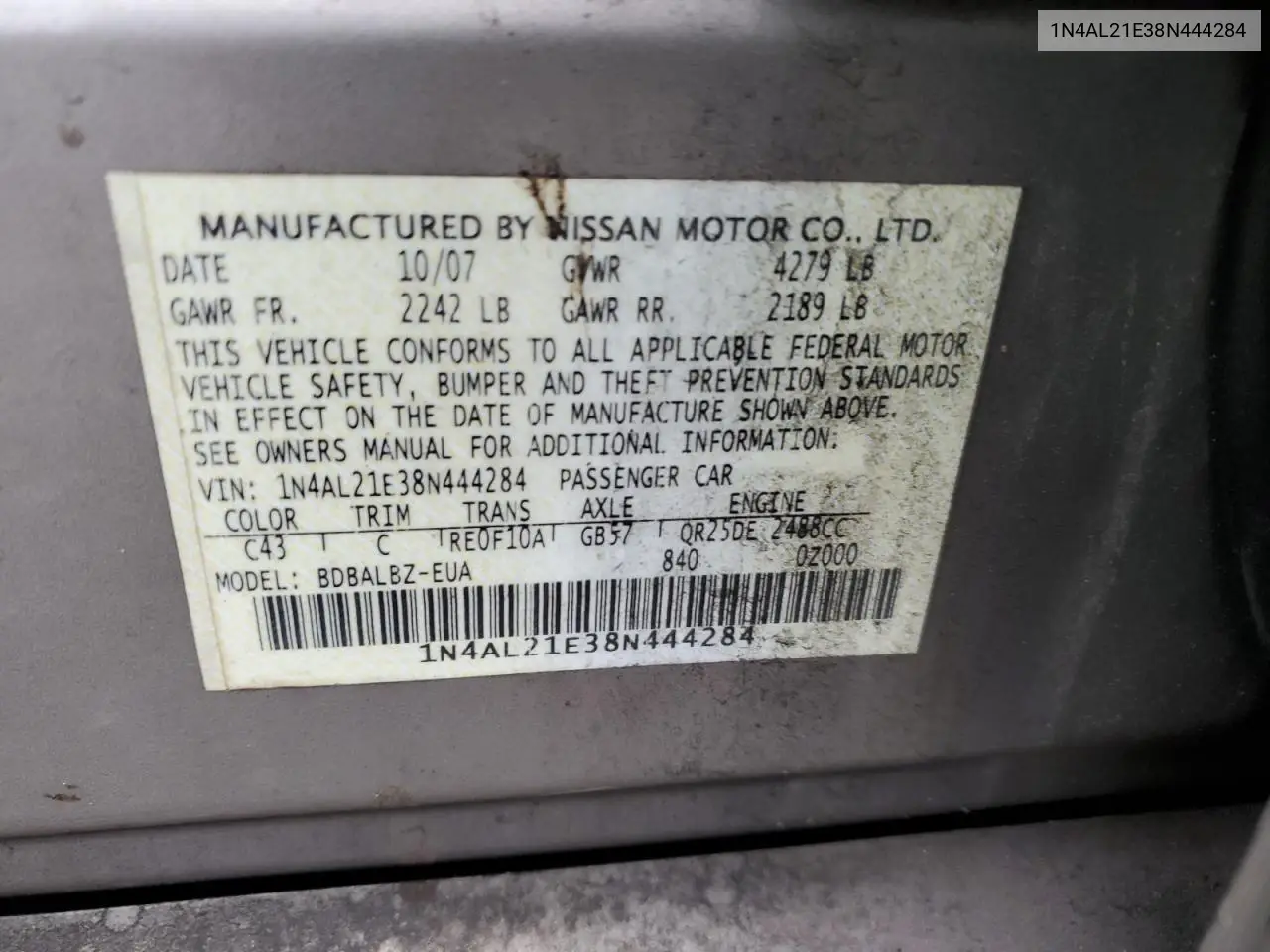 2008 Nissan Altima 2.5 VIN: 1N4AL21E38N444284 Lot: 51339755