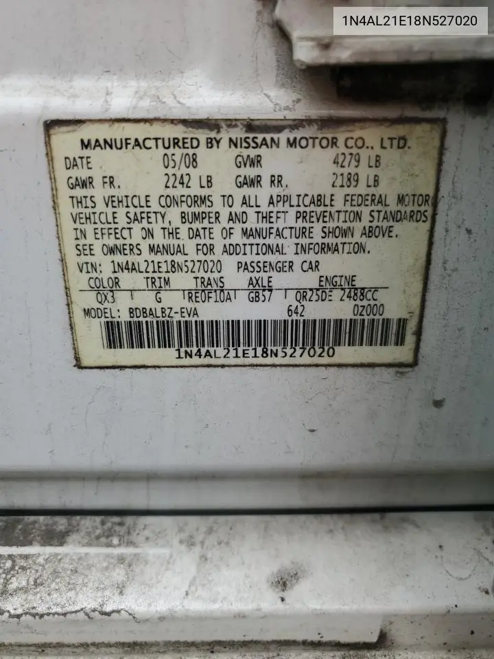 2008 Nissan Altima 2.5 VIN: 1N4AL21E18N527020 Lot: 62116565