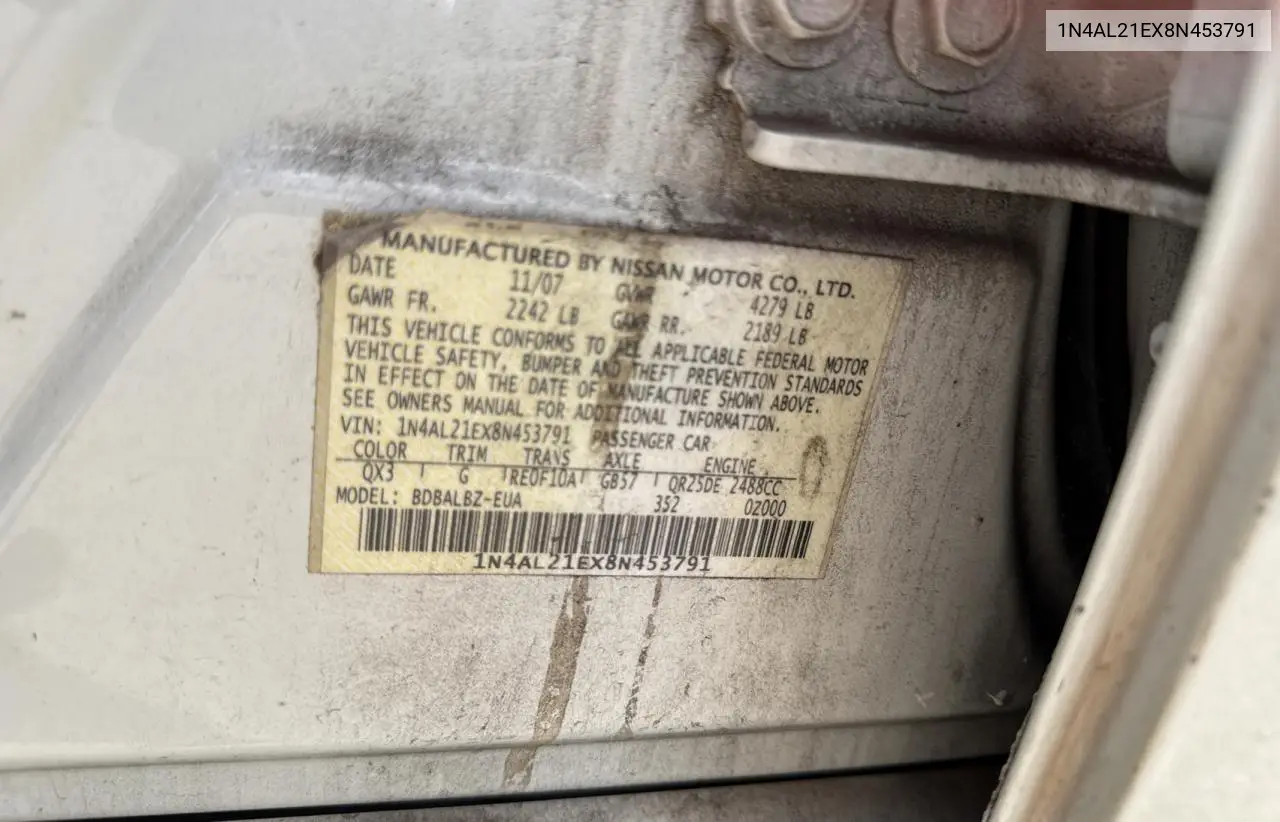 2008 Nissan Altima 2.5 VIN: 1N4AL21EX8N453791 Lot: 63713105