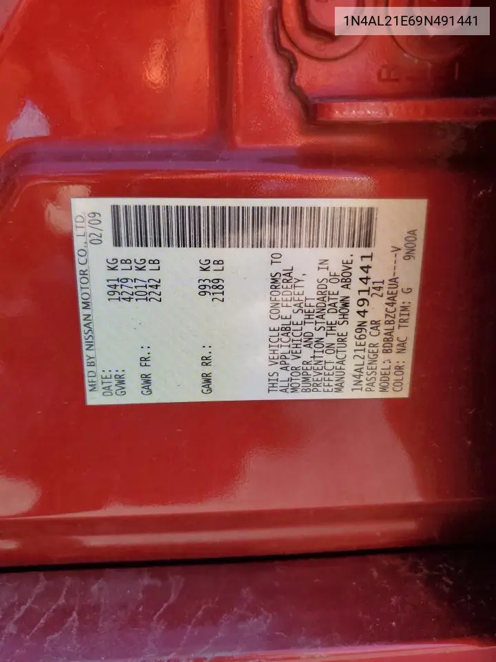 2009 Nissan Altima 2.5 VIN: 1N4AL21E69N491441 Lot: 62891985
